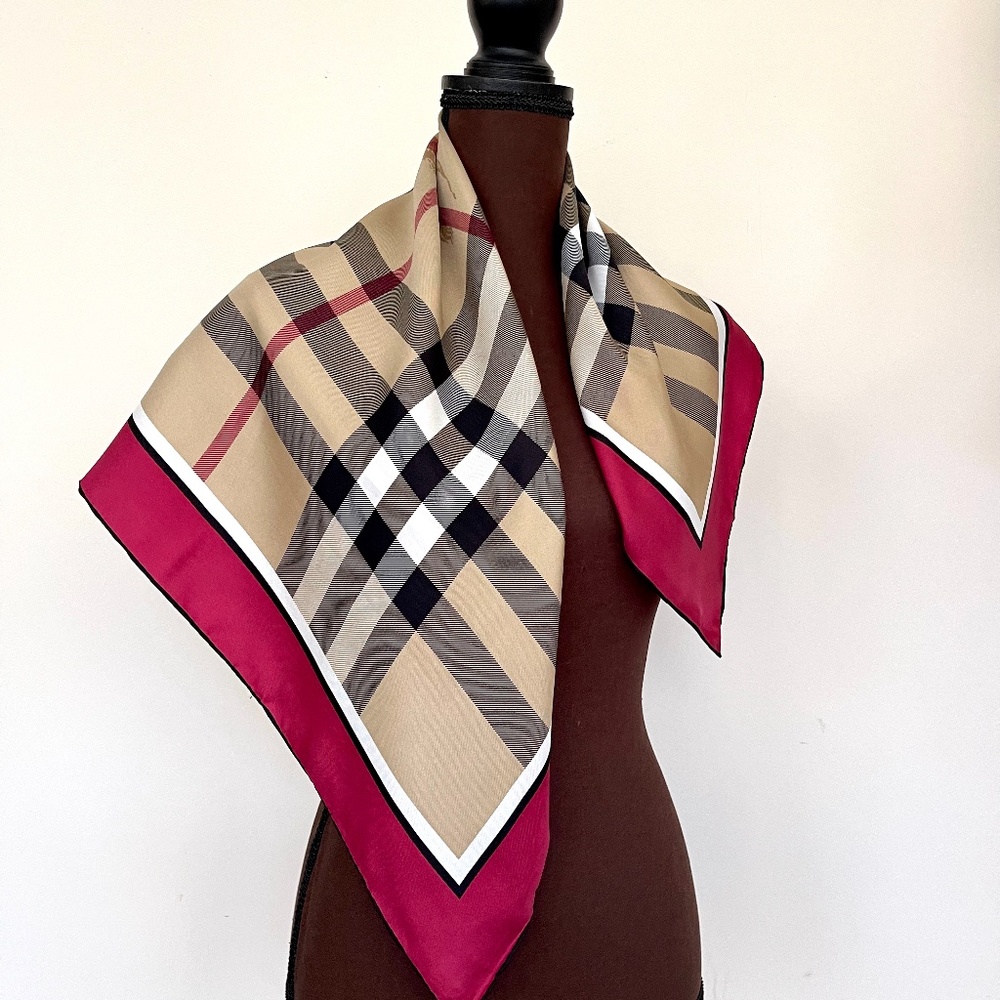 New Unisex Burberry Scarf Beige Check Burgundy Red Border Silk Wrap - Picture 4 of 13